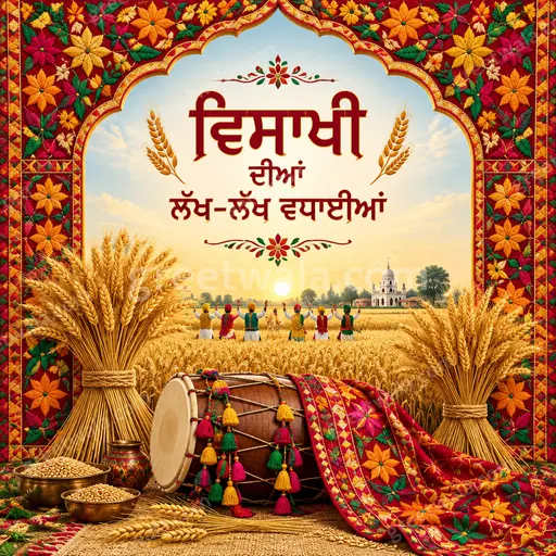 Ornate traditional Vaisakhi card with golden wheat fields, vibrant festive colors, joyful celebratory Punjabi harvest mood.