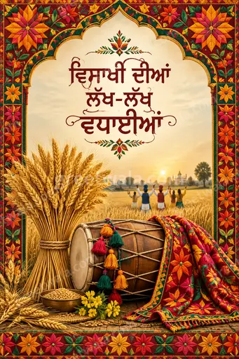 Ornate traditional Punjabi Vaisakhi card with golden wheat fields, festive dancers, and vibrant joyful celebratory warmth.