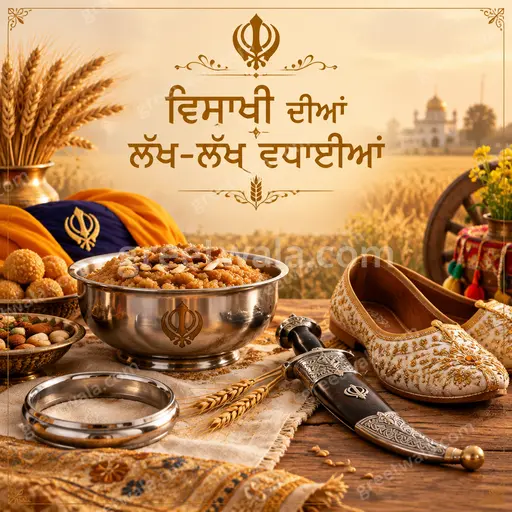 Vibrant premium Vaisakhi greeting card with golden wheat fields, festive dhol, and joyful abundant harvest mood.