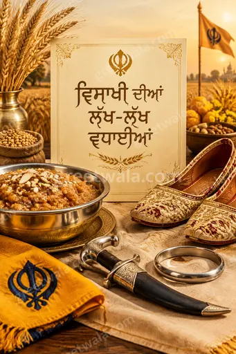 Vibrant premium Punjabi Vaisakhi card with golden wheat fields, joyful bhangra dancers, warm festive glow.