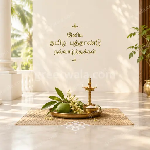 Elegant minimal Tamil New Year card featuring graceful calligraphy, soft golden florals on serene cream with festive warmth.
