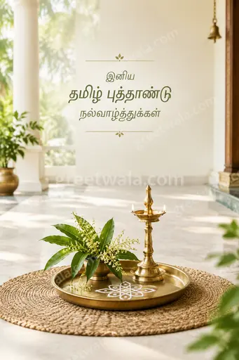 Elegant minimal Tamil New Year card with soft golden mango blossoms, serene cream background and graceful traditional accents.