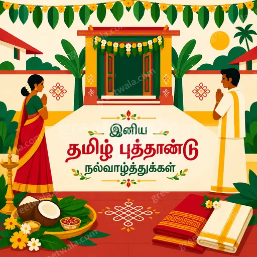 Joyful modern flat vector Tamil New Year card with kolam, mango leaves, marigolds and festive bright colors.