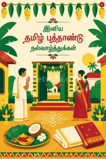 Cheerful modern flat vector Tamil New Year card displaying 'இனிய தமிழ் புத்தாண்டு நல்வாழ்த்துக்கள்' with mango, kolam and temple motifs.