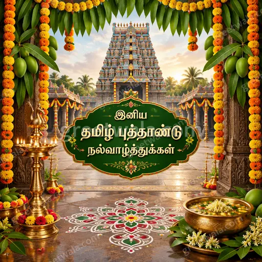 Ornate traditional Tamil New Year card with temple motifs, mango leaves, kolam and warm festive golden blessings mood.