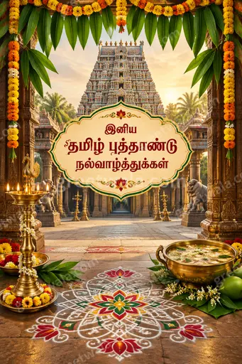 Ornate traditional Tamil New Year card with golden temple motifs, mango leaves, and festive auspicious warm celebratory elegance.