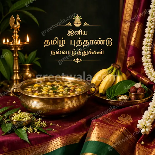 Elegant premium Tamil New Year card radiating joyous auspicious warmth with golden lamps, mango leaves and floral decor.