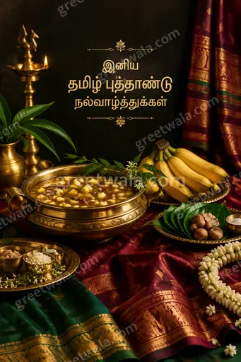 Elegant festive Tamil New Year card with mango blossoms, brass lamp and temple gopuram in golden sunrise glow.