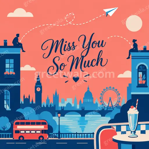 Modern flat vector Miss You So Much card with warm heartfelt mood, soft colors and cozy minimalist illustration.