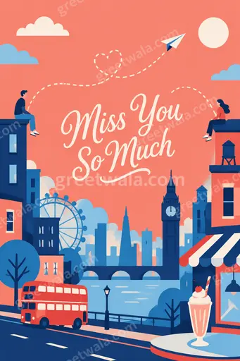 Modern flat vector card with warm cozy tones conveying heartfelt longing and tender Miss You So Much sentiment.