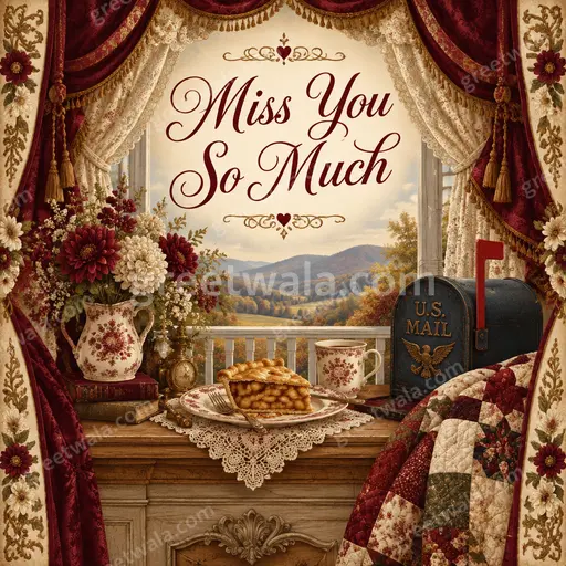 Ornate traditional Miss You So Much card with elegant gold flourishes and warm heartfelt longing mood.
