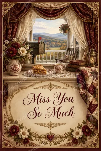 Ornate traditional Miss You card with elegant floral borders, warm nostalgic tones, and heartfelt 'Miss You So Much' greeting.