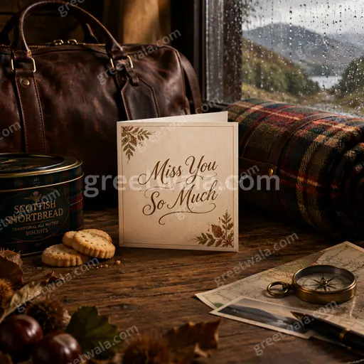 Premium Miss You card with soft twilight tones and heartfelt typography reading Miss You So Much.