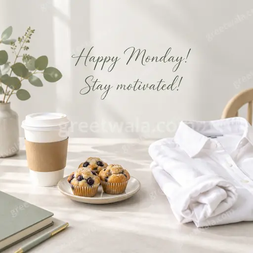 Elegant minimal card displaying Happy Monday! Stay motivated! with calm tones and serene uplifting mood.