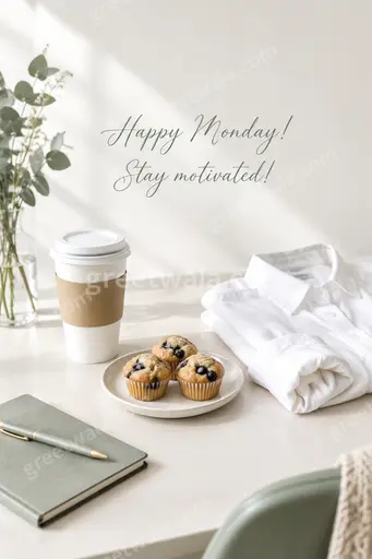 Elegant minimal card with serene bright mood featuring Happy Monday Stay motivated text in stylish typography.
