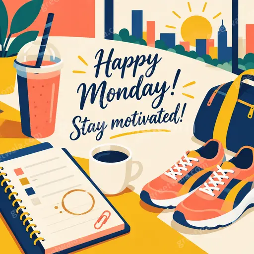 Cheerful flat vector Monday motivation card with bright sunrise, coffee cup, and bold Happy Monday! Stay motivated! text.