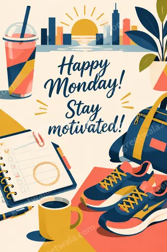 Flat vector Monday motivation card with cheerful sunrise colors and bold Happy Monday! Stay motivated! typography radiating fresh energy.