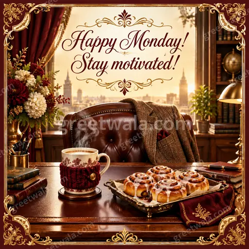 Ornate traditional card with elegant golden motifs radiating cheerful energy wishing Happy Monday Stay motivated.
