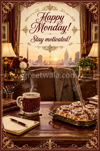 Ornate traditional Monday Motivation card with warm uplifting elegance, golden patterns framing "Happy Monday! Stay motivated!" text.