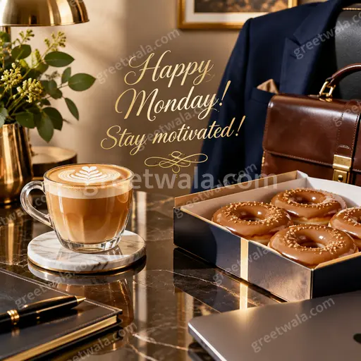 Premium showcase card displaying Happy Monday Stay motivated with vibrant sunrise energy and elegant inspiring style.