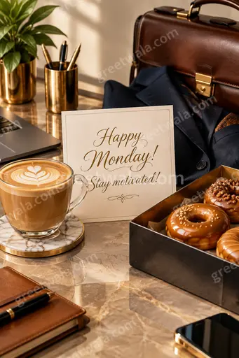 Premium Monday Motivation showcase card featuring Happy Monday! Stay motivated! in bright uplifting modern design with fresh energizing morning vibes.