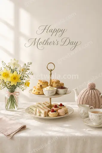Elegant minimal Mother's Day card with delicate blossoms, soft pastel tones and graceful Happy Mother's Day typography.