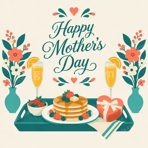 Modern flat vector Mother's Day card with Happy Mother's Day text, soft florals and warm loving cheerful mood.