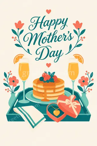 Modern flat vector Mother's Day card with Happy Mother's Day text, warm loving florals and soft cheerful colors.