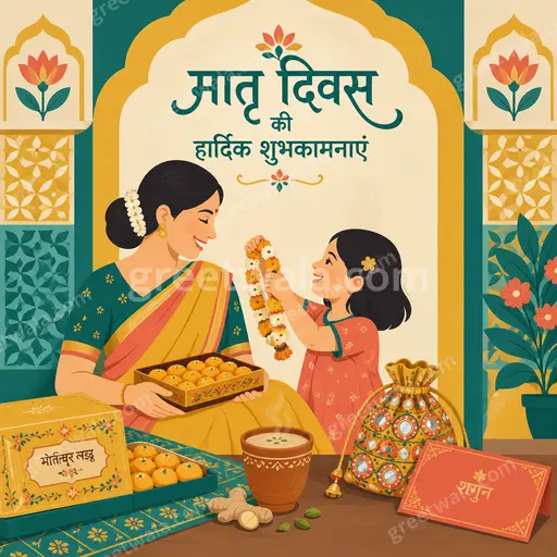 Modern flat vector Mother's Day card with warm loving mood displaying 'मातृ दिवस की हार्दिक शुभकामनाएं' elegantly.