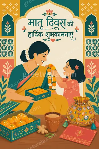 Warm modern flat vector Mother's Day card in soft pinks displaying Hindi greeting with loving mother child illustration.