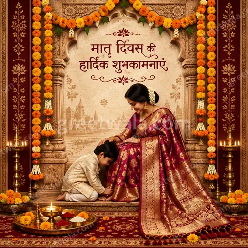 Ornate traditional Hindi Mother's Day card displaying 'मातृ दिवस की हार्दिक शुभकामनाएं' with warm floral elegance and devotional loving mood.