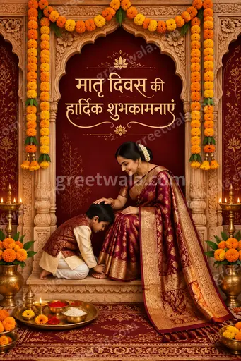 Ornate traditional Mother's Day card in warm festive tones displaying 'मातृ दिवस की हार्दिक शुभकामनाएं' with elegant floral blessings.