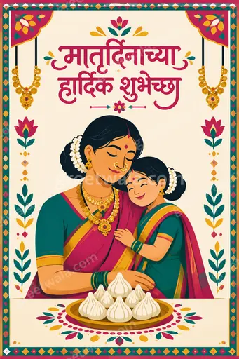 Flat vector Mother's Day card with warm loving mood, modern Marathi typography reading मातृदिनाच्या हार्दिक शुभेच्छा and soft floral accents.