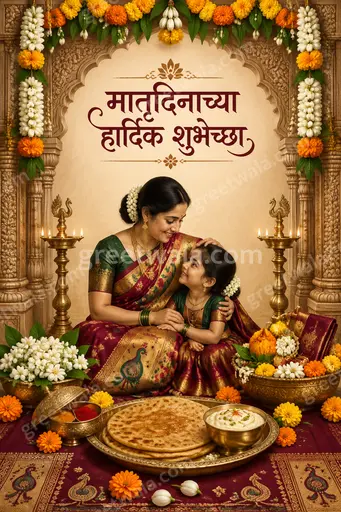 Ornate traditional Marathi Mother's Day greeting with warm maroon gold floral elegance radiating love, devotion and heartfelt reverence.