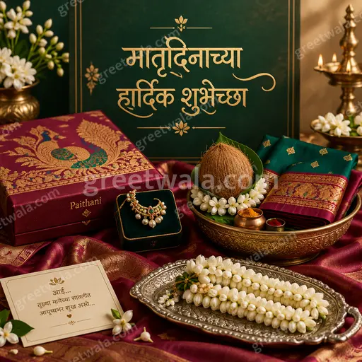 Premium Mother's Day card displaying 'मातृदिनाच्या हार्दिक शुभेच्छा' with soft pink florals, golden accents, warm loving elegance.