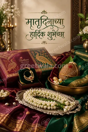 Premium elegant Mother's Day card with warm floral accents, soft glowing tones, and heartfelt Marathi greeting मातृदिनाच्या हार्दिक शुभेच्छा.