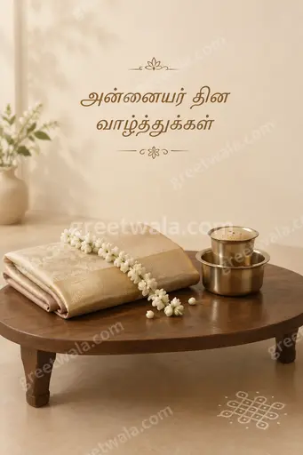 Elegant minimal Mother's Day card displaying 'அன்னையர் தின வாழ்த்துக்கள்' in graceful typography with soft warm floral serenity.