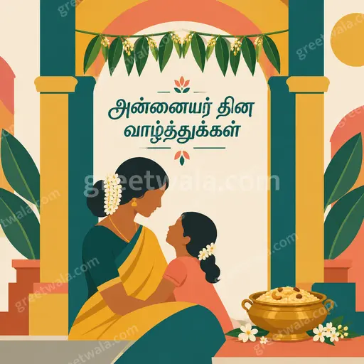 Cheerful modern flat vector Mother's Day card featuring 'அன்னையர் தின வாழ்த்துக்கள்' with warm loving floral elegance.