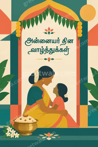 Modern flat vector Mother's Day card with soft floral warmth, joyful loving mood, featuring Tamil festive greeting elegantly.