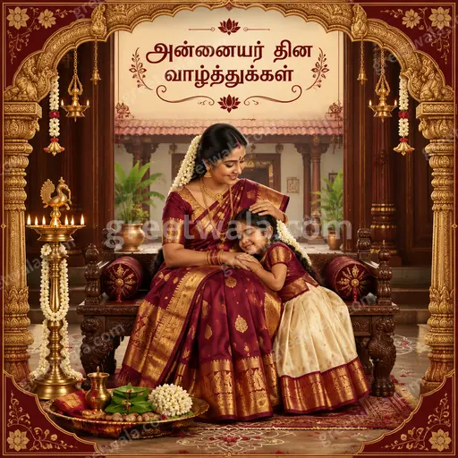 Ornate traditional Mother's Day card in warm golds and reds displaying அன்னையர் தின வாழ்த்துக்கள் with loving floral elegance.