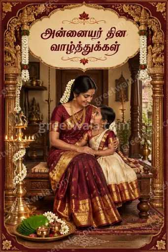 Ornate traditional Mother's Day card in warm gold and red tones displaying அன்னையர் தின வாழ்த்துக்கள் with elegant festive blessings.