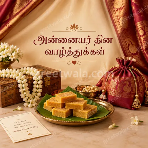 Elegant premium Mother's Day card in warm tones with glowing Tamil greeting, floral accents, loving reverent festive mood.