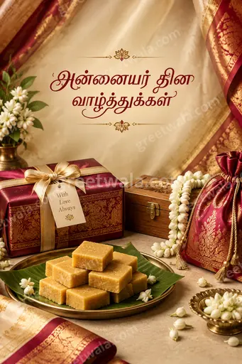 Premium elegant Mother's Day card with soft floral glow displaying 'அன்னையர் தின வாழ்த்துக்கள்' in warm Tamil loving style.