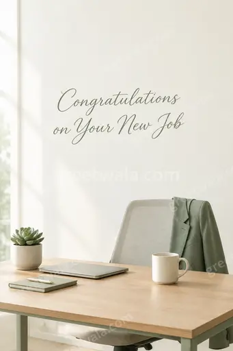 Elegant minimal new job card with soft neutrals, refined typography, and calm celebratory mood, reading Congratulations on Your New Job.
