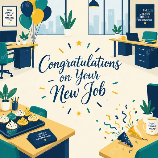 Modern flat vector card radiating cheerful ambition with bold office icons celebrating Congratulations on Your New Job.