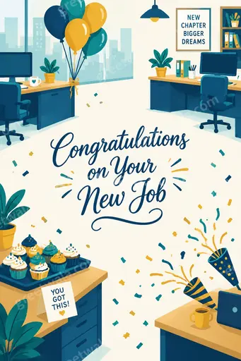 Cheerful flat vector card with briefcase and confetti celebrating Congratulations on Your New Job in bold modern style.