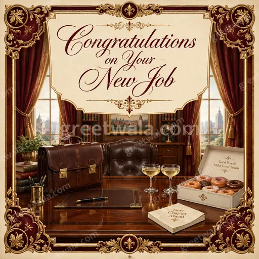 Ornate traditional card with golden flourishes and elegant typography radiating celebratory pride for Congratulations on Your New Job.