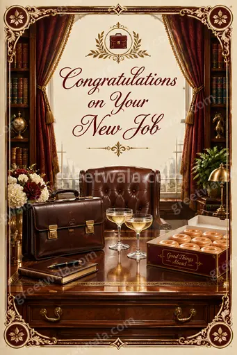 Ornate traditional card displaying 'Congratulations on Your New Job' with golden flourishes, warm tones, and joyful elegant pride.