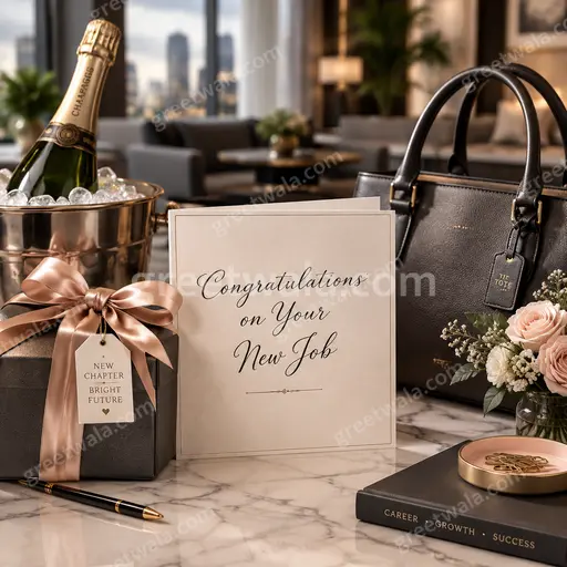 Premium elegant card displaying 'Congratulations on Your New Job' with joyful modern styling, gold accents and festive confetti.