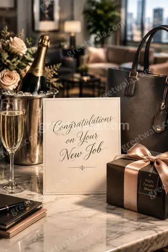 Premium New Job card reading Congratulations on Your New Job with elegant gold confetti, modern style and celebratory professional mood.